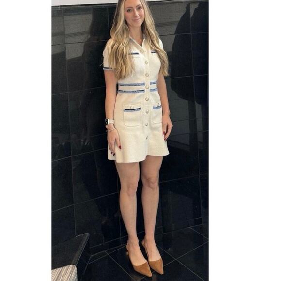 MAJE White Blue Tweed Gold Button Details Collared Risal Mini Dress Size 34 - Picture 6 of 15